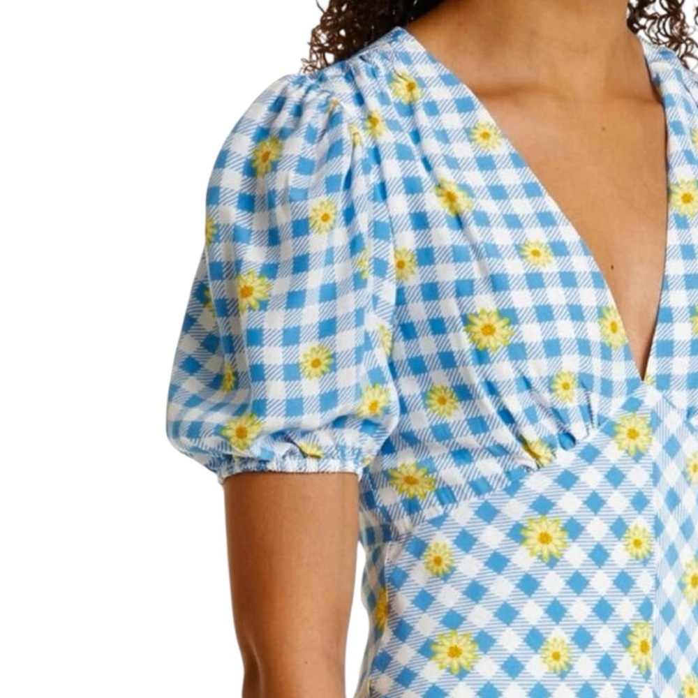 NWT STAUD Milla Mini Dress Gingham Daisy Plaid Blue and White Size 6 - Picture 9 of 12